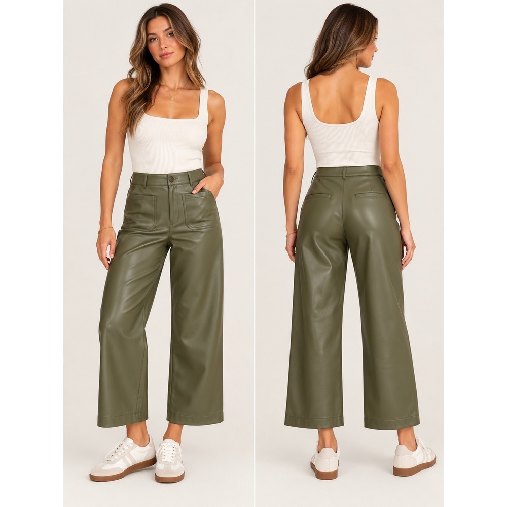 LOFT Palmer Faux Leather Wide Leg Crop Pants Olive Green Size 2